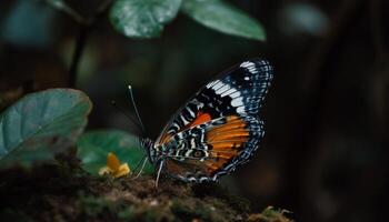 Vibrant butterfly pollinates yellow flower in tranquil rainforest scene generated by AI photo