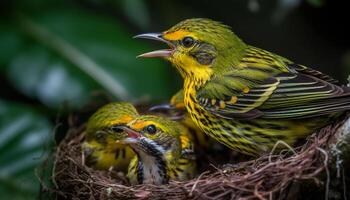 Masked weaver bird perching on branch, feeding hatchling generated by AI photo