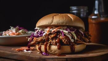 Grilled pulled pork sandwich with coleslaw, pickles, and barbecue sauce generated by AI photo