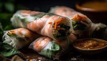 Fresh spring rolls with vegetables and shrimp, a healthy snack generated by AI photo