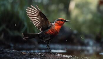 Multi colored bird perches on branch, showcasing natural beauty generated by AI photo