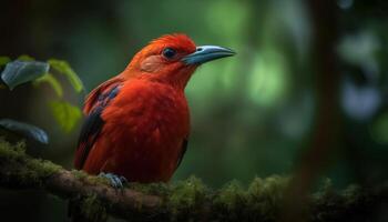 Vibrant multi colored bird perches on branch in tropical forest generated by AI photo