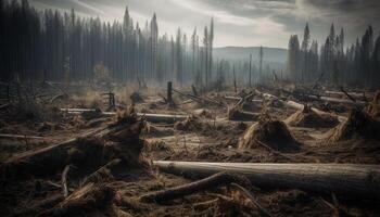 ardiente bosque, dañado ambiente, destruido madera, caído árboles, aire contaminación generado por ai foto