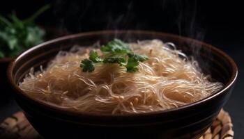 Healthy meal of gourmet soup with vegetables and pork meat generated by AI photo