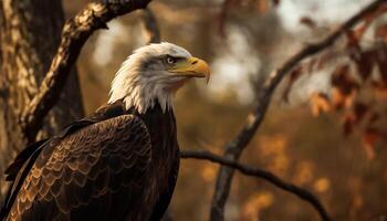 majestuoso calvo águila encaramado en rama, símbolo de libertad generado por ai foto