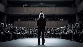 joven adultos aprendizaje Ciencias adentro, esperando para audiencia en silencio generado por ai foto