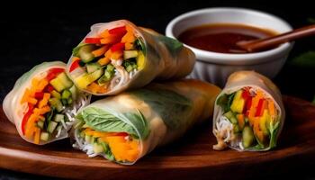 Freshness rolled up in a gourmet beef spring roll appetizer generated by AI photo