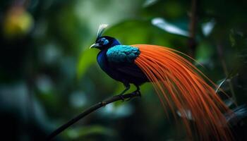 Vibrant macaw perching on green branch in tropical rainforest generated by AI photo