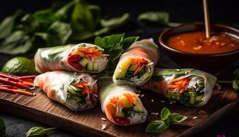 Fresh gourmet meal Grilled seafood spring roll on flatbread plate generated by AI photo