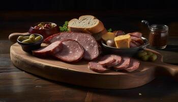 Rustic meat platter with smoked pork, salami, and variation generated by AI photo