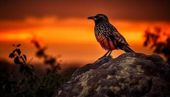 Silhouette of hawk perching on branch at dusk, tranquil scene generated by AI photo