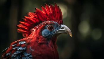 majestuoso gallo con multi de colores plumas mirando a cámara al aire libre generado por ai foto