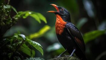 Colorful starling perching on branch in tranquil rainforest setting generated by AI photo