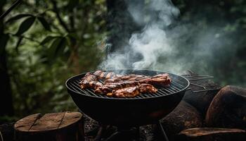 Grilled pork and beef skewers, perfect for summer picnics generated by AI photo