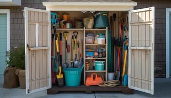Carpenter toolbox wood, wrench, paintbrush, equipment, and more generated by AI photo