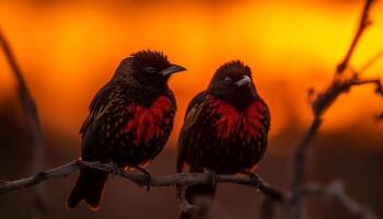 Animal perching on branch, close up of feather, selective focus generated by AI photo