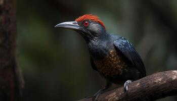 Male starling perching on branch, iridescent feathers shining in sunlight generated by AI photo