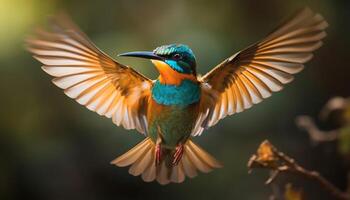 Multi colored bee eater perching on branch, spreading iridescent wings generated by AI photo