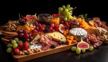 Variety of gourmet cheeses and fruits on rustic wooden tray generated by AI photo