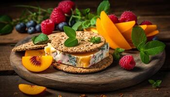 Fresh gourmet fruit salad with raspberry, blueberry, and mint leaf generated by AI photo