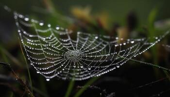 araña web brilla con Rocío gotas en el Fresco césped generado por ai foto