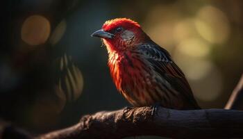 Northern cardinal perching on branch, vibrant red against green foliage generated by AI photo