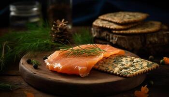 Grilled fillet of smoked fish on rustic wooden cutting board generated by AI photo