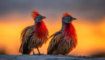 Multi colored rooster and hen in conflict at rural sunset farm generated by AI photo