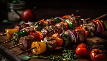 A la parrilla ensartado carne y verduras, un gastrónomo sano comiendo comida generado por ai foto