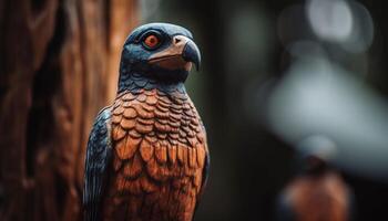 majestuoso pájaro de presa encaramado en rama, cerca arriba retrato generado por ai foto