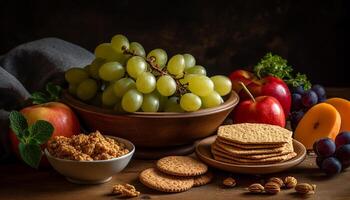 Healthy snack bowl Fresh fruit, nuts, granola, and chocolate variation generated by AI photo