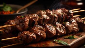 A la parrilla carne brochetas cerdo, carne de res, y pollo filete aperitivos generado por ai foto