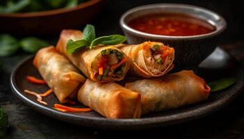 Fresh spring roll appetizer with meat and vegetables on plate generated by AI photo