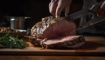 Grilled meat slice on rustic wood table, ready to eat main course generated by AI photo