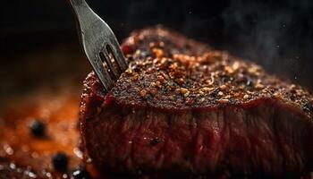 A la parrilla solomillo bife, cocido extraño, servido con Fresco ensalada generado por ai foto