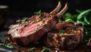 Grilled beef fillet with herb spice on rustic wooden plate generated by AI photo