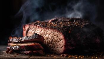 Grilled pork fillet on wood, flame seared for gourmet lunch generated by AI photo