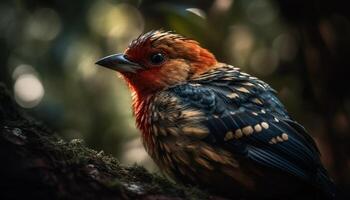 pequeño pájaro encaramado en rama, plumas multi de colores, cerca arriba retrato generado por ai foto