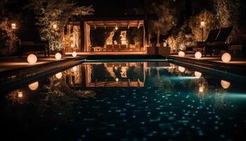 lujo piscina iluminado a noche, reflejando tranquilo tropical alrededores generado por ai foto
