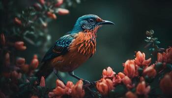 Vibrant starling perching on branch, surrounded by natural beauty generated by AI photo