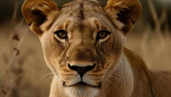 majestuoso leona curioso, alerta en el desierto, belleza en naturaleza generado por ai foto