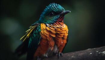 Vibrant macaw perched on branch, feathers iridescent in sunlight generated by AI photo