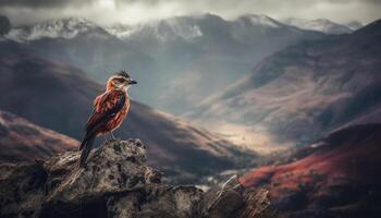 majestuoso montaña rango, tranquilo escena, uno animal en pie en césped generado por ai foto