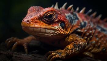 Horned lizard crawls on branch in tropical rainforest at night generated by AI photo