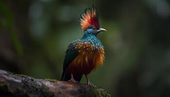 majestuoso pájaro encaramado en rama, vibrante colores en naturaleza generado por ai foto