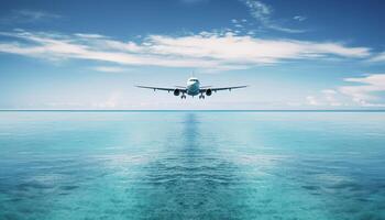 volador comercial avión tomando apagado dentro brillante azul cielo generado por ai foto