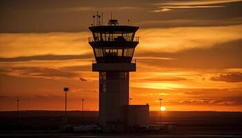 silueta de aire vehículo espalda iluminado por naranja puesta de sol cielo generado por ai foto