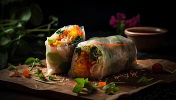 Fresh spring roll appetizer with vegetables and seafood wrapped up generated by AI photo