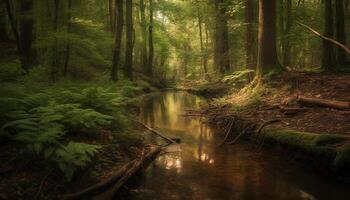 Tranquil scene of wilderness area, tree growth reflects in pond generated by AI photo