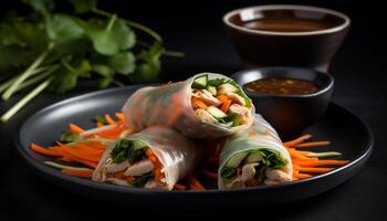 Fresh spring roll with pork and vegetables, served with sauce generated by AI photo